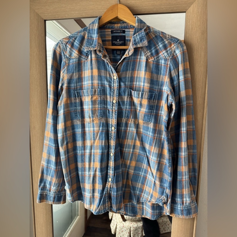 Chambray Plaid Lightweight Denim Pearl Snap Medium